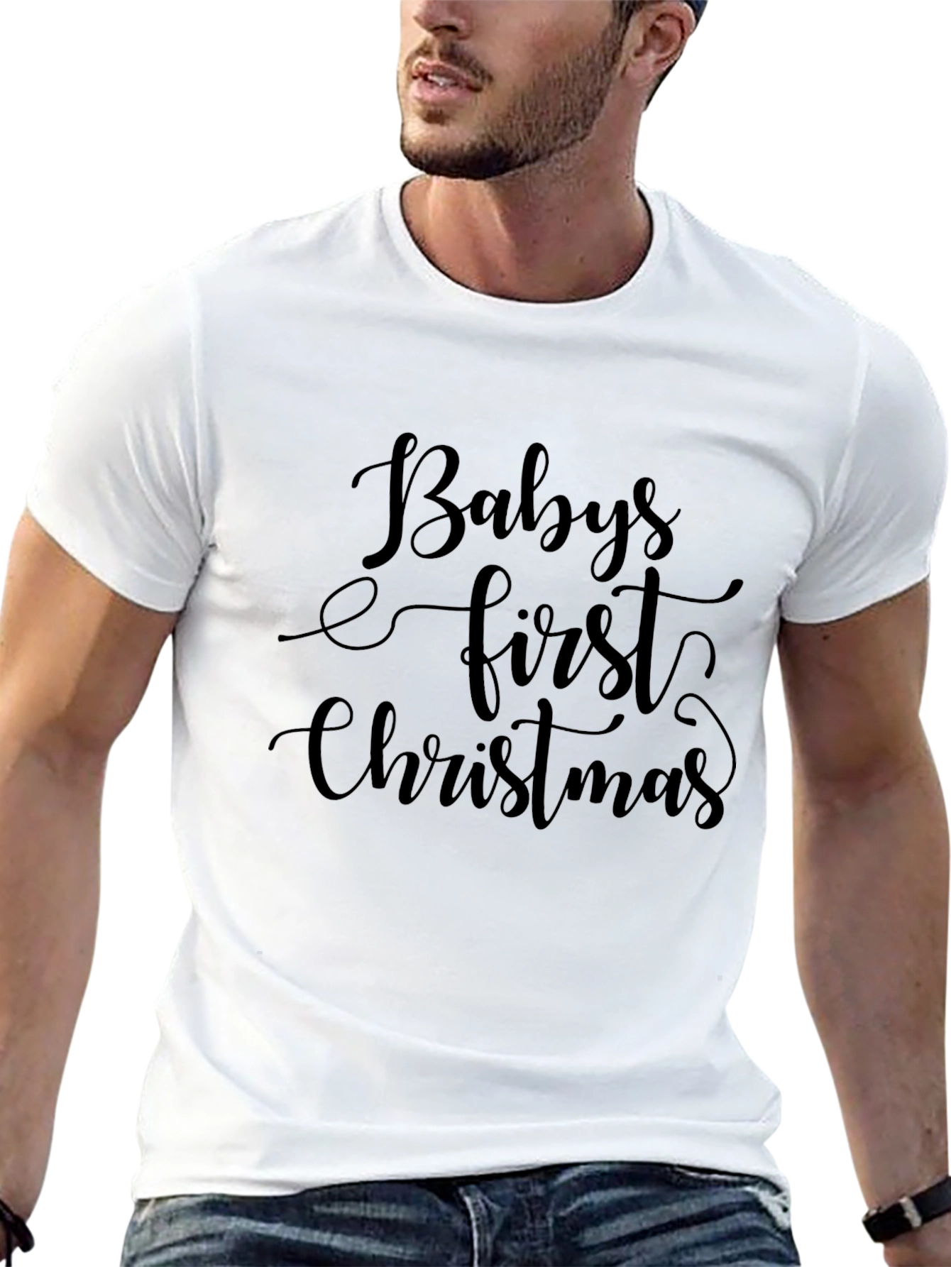 Babys First Christmas Black Crewneck T-Shirt