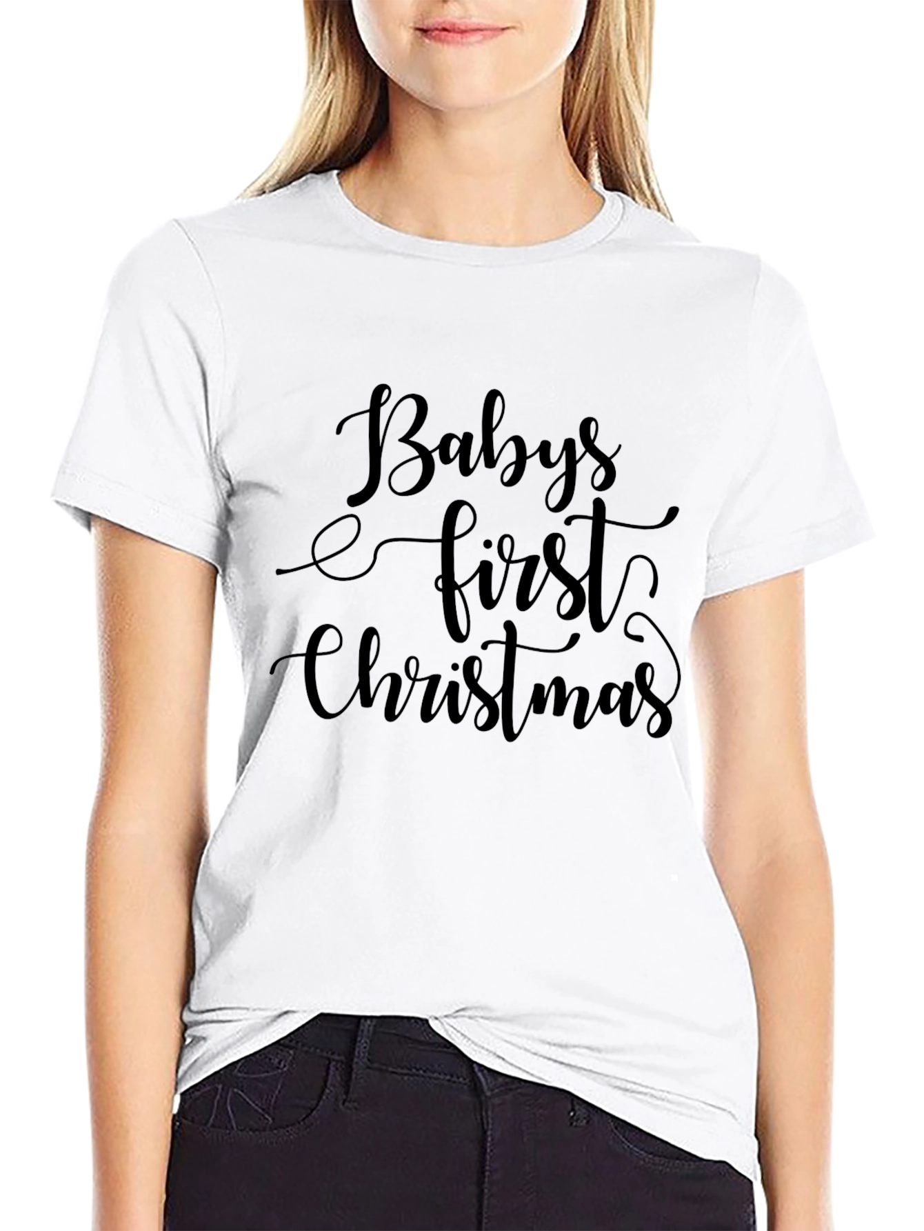 Babys First Christmas Black Crewneck T-Shirt