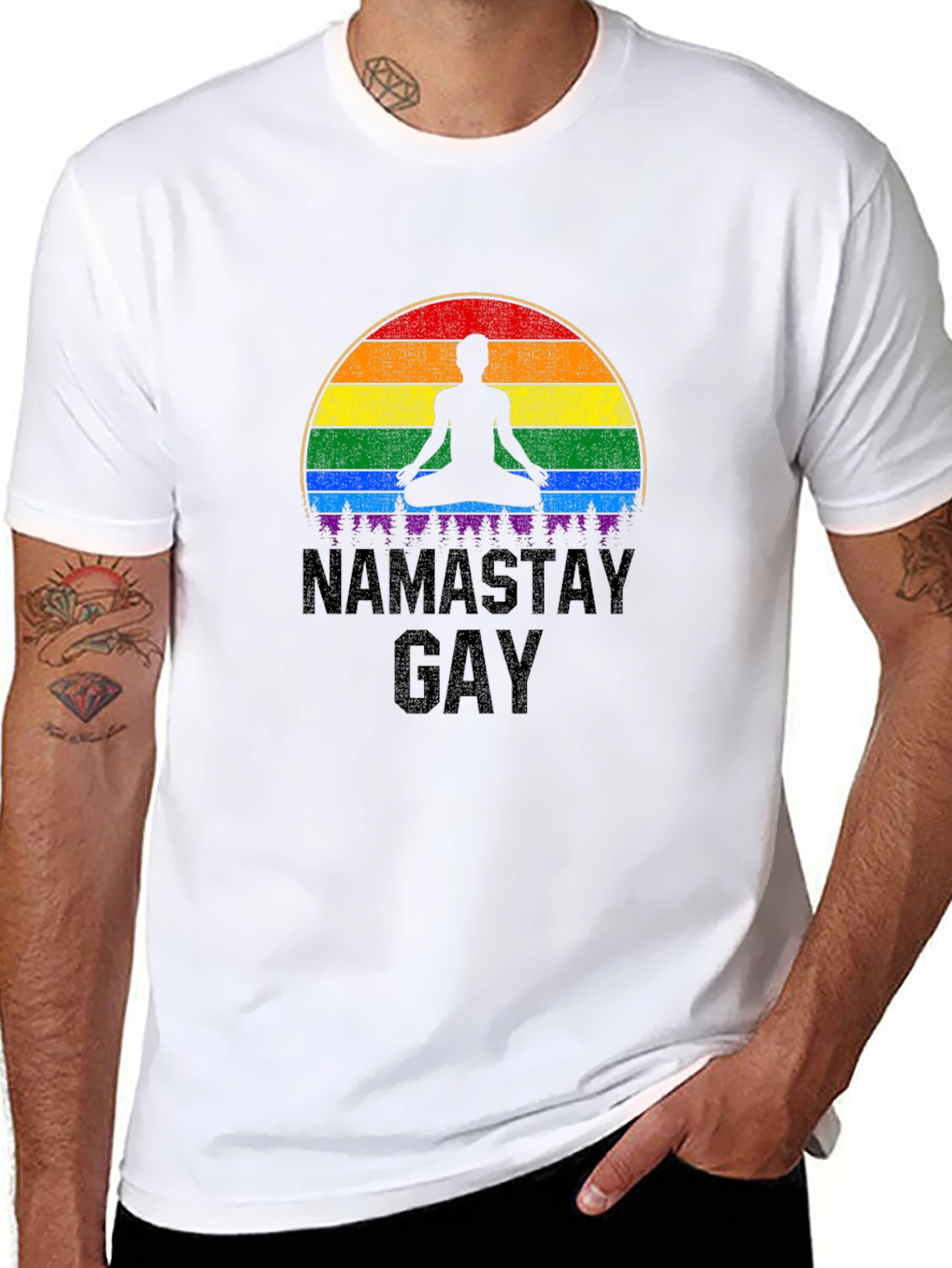 Namastay Gay T-Shirt: Pride Rainbow Yoga Tee