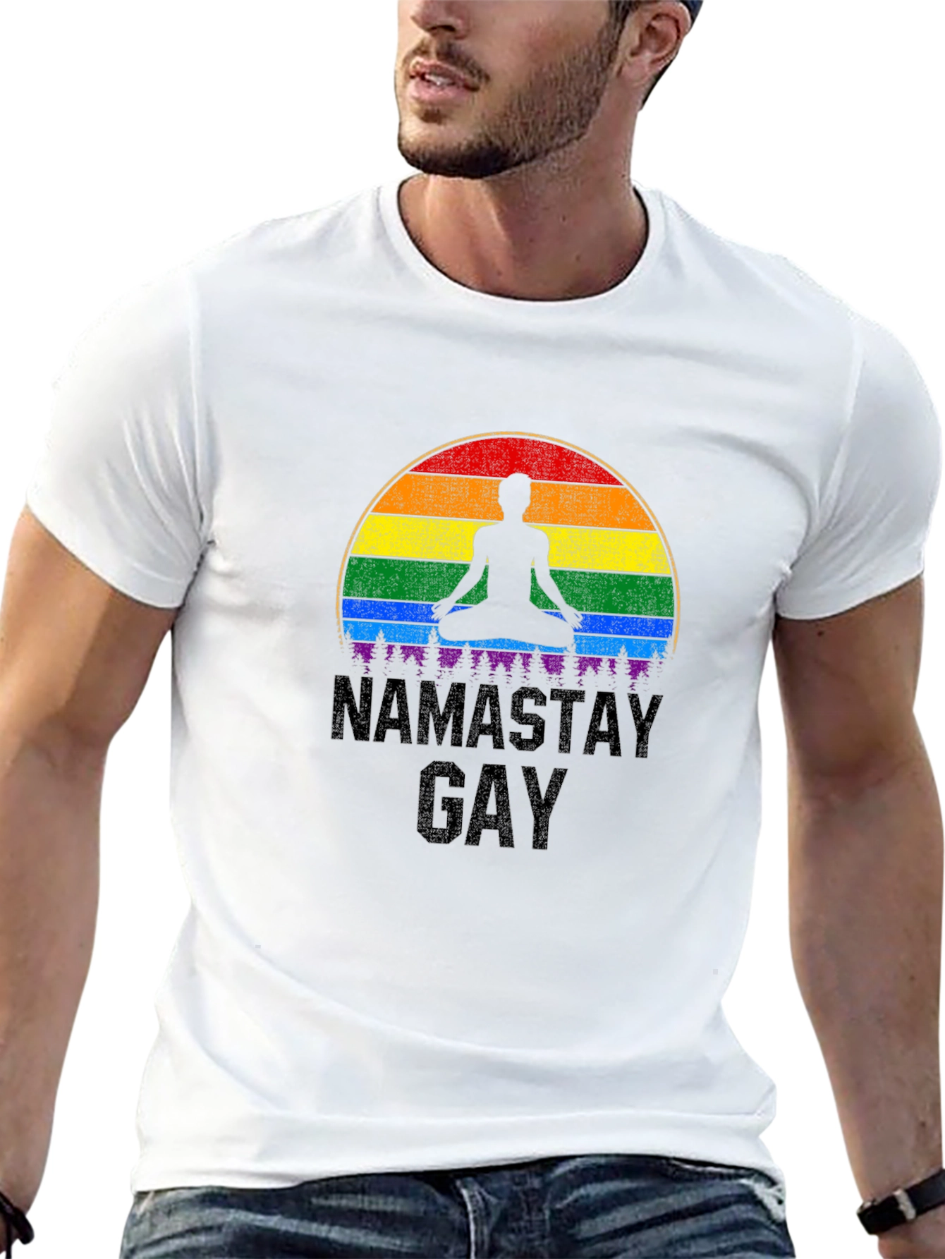 Namastay Gay T-Shirt: Pride Rainbow Yoga Tee