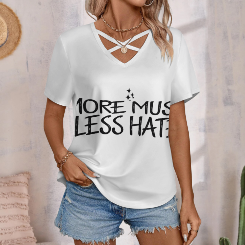 More Music Less Hate Graphic V-Neck T-Shirt – Positive Message Casual Streetwear Tee for Women(z224)
