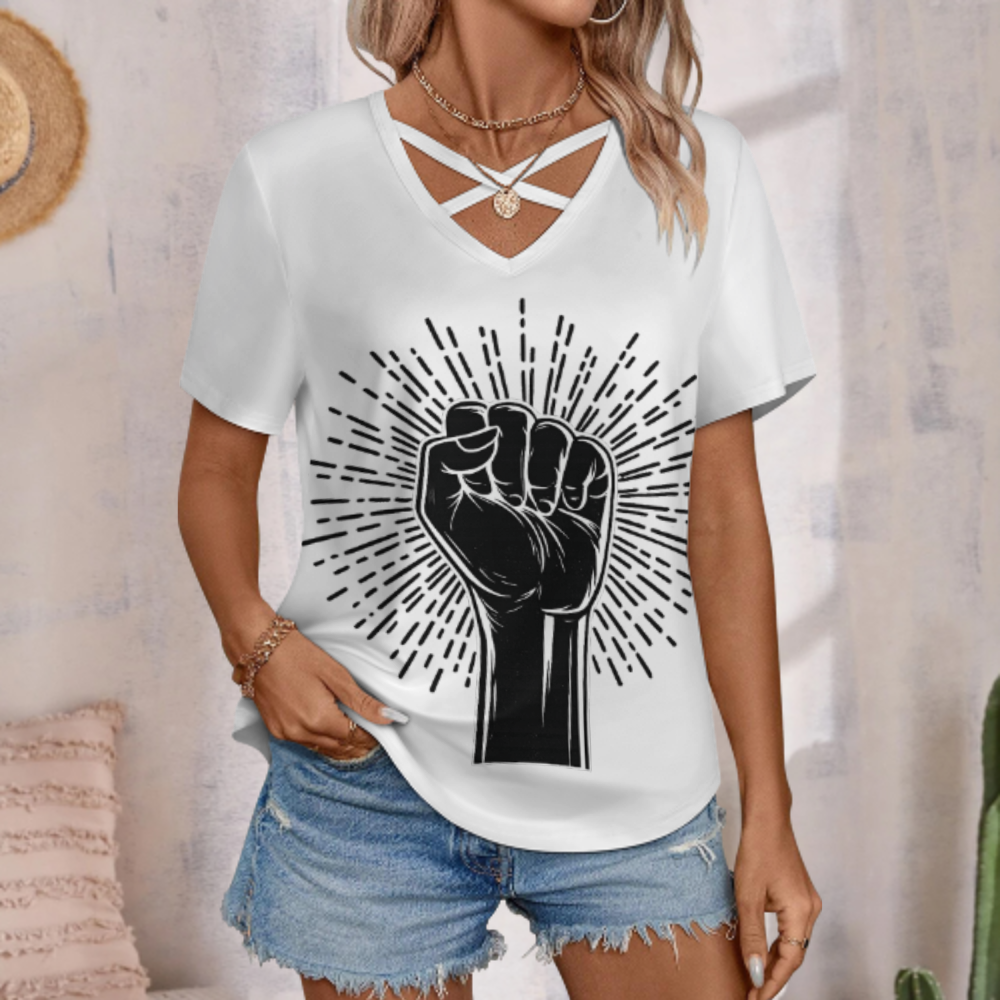 Raised Fist Graphic V-Neck T-Shirt – Empowerment Streetwear Statement Tee for Women(z225)