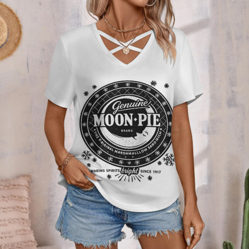 Vintage Genuine Moon Pie Graphic V-Neck T-Shirt – Retro Marshmallow Snack Inspired Casual Summer Tee for Women(z226)
