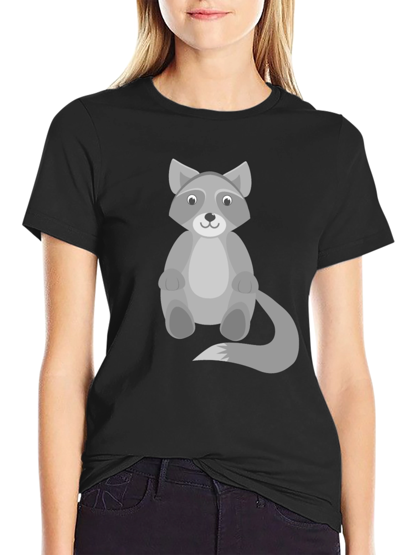 Cartoon Raccoon Graphic Print Black T-Shirt