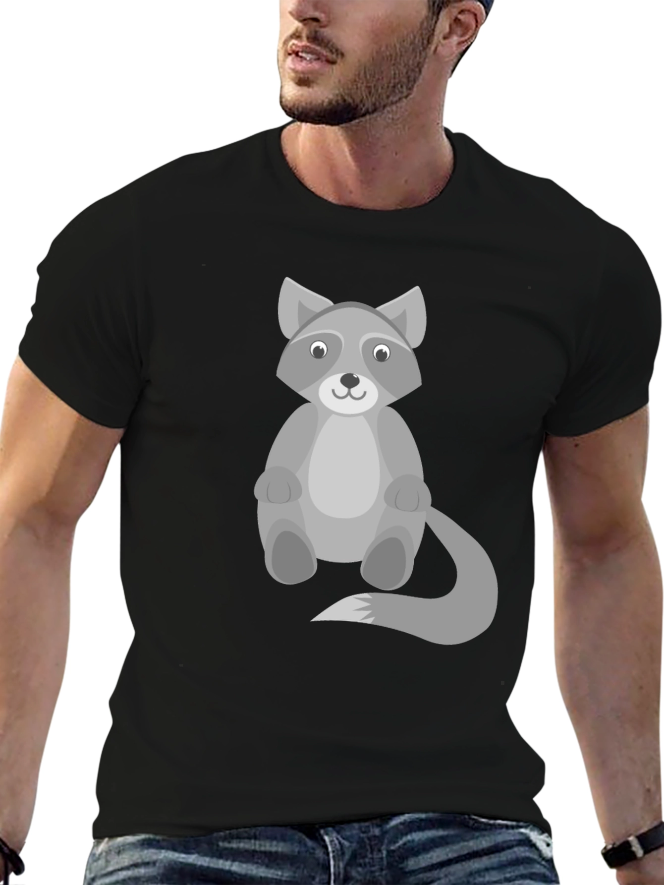 Cartoon Raccoon Graphic Print Black T-Shirt