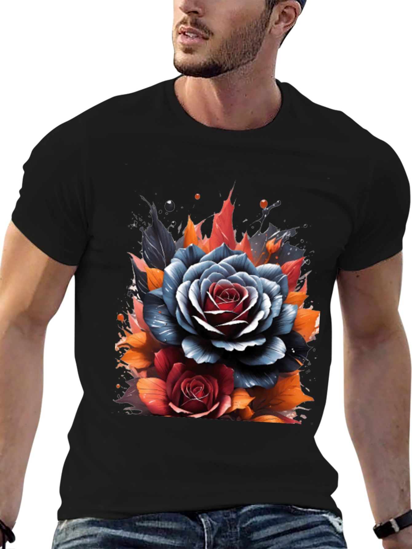 Floral Roses Graphic Print Black T-Shirt