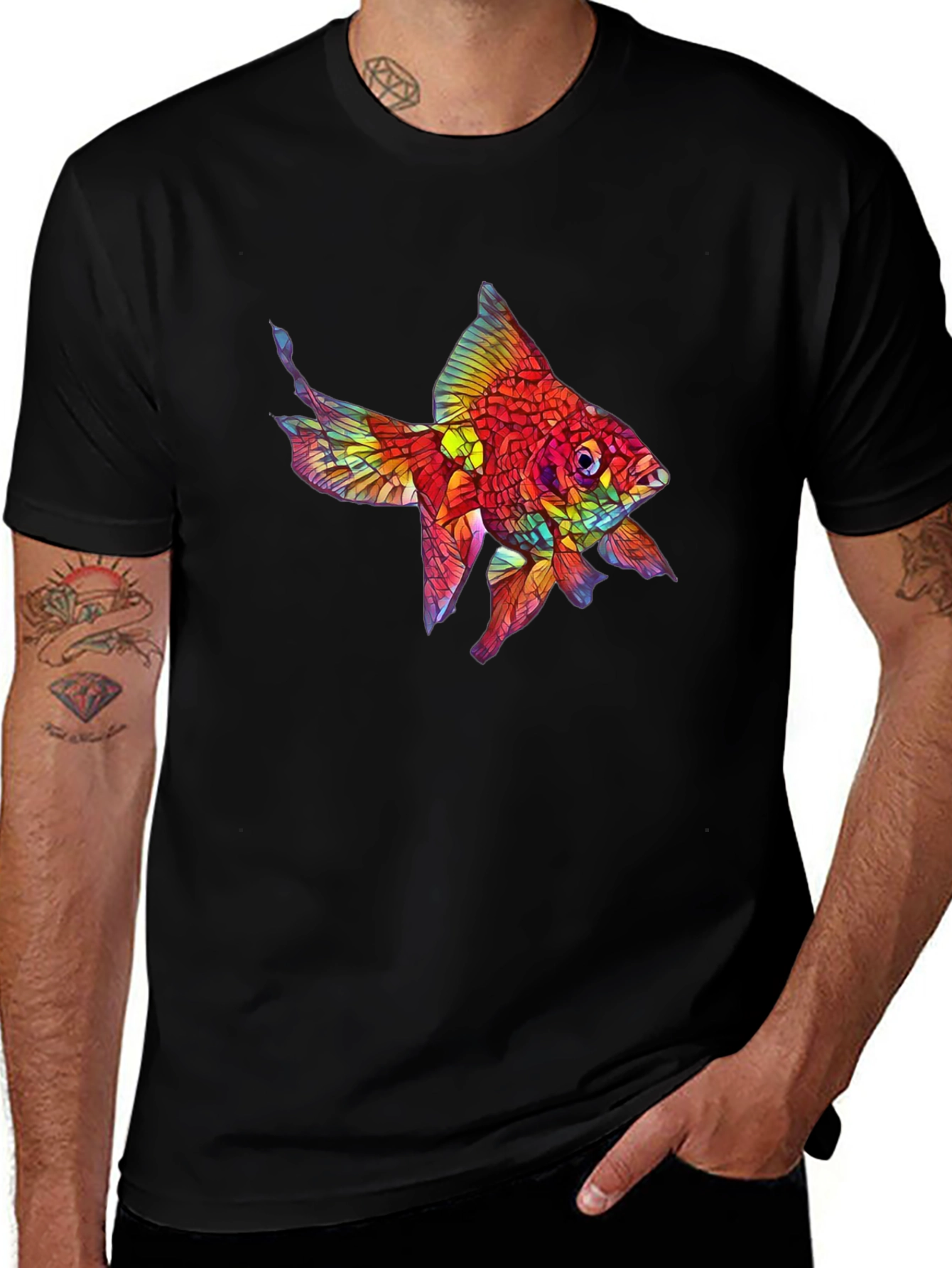 Vibrant Fish Graphic Black T-Shirt