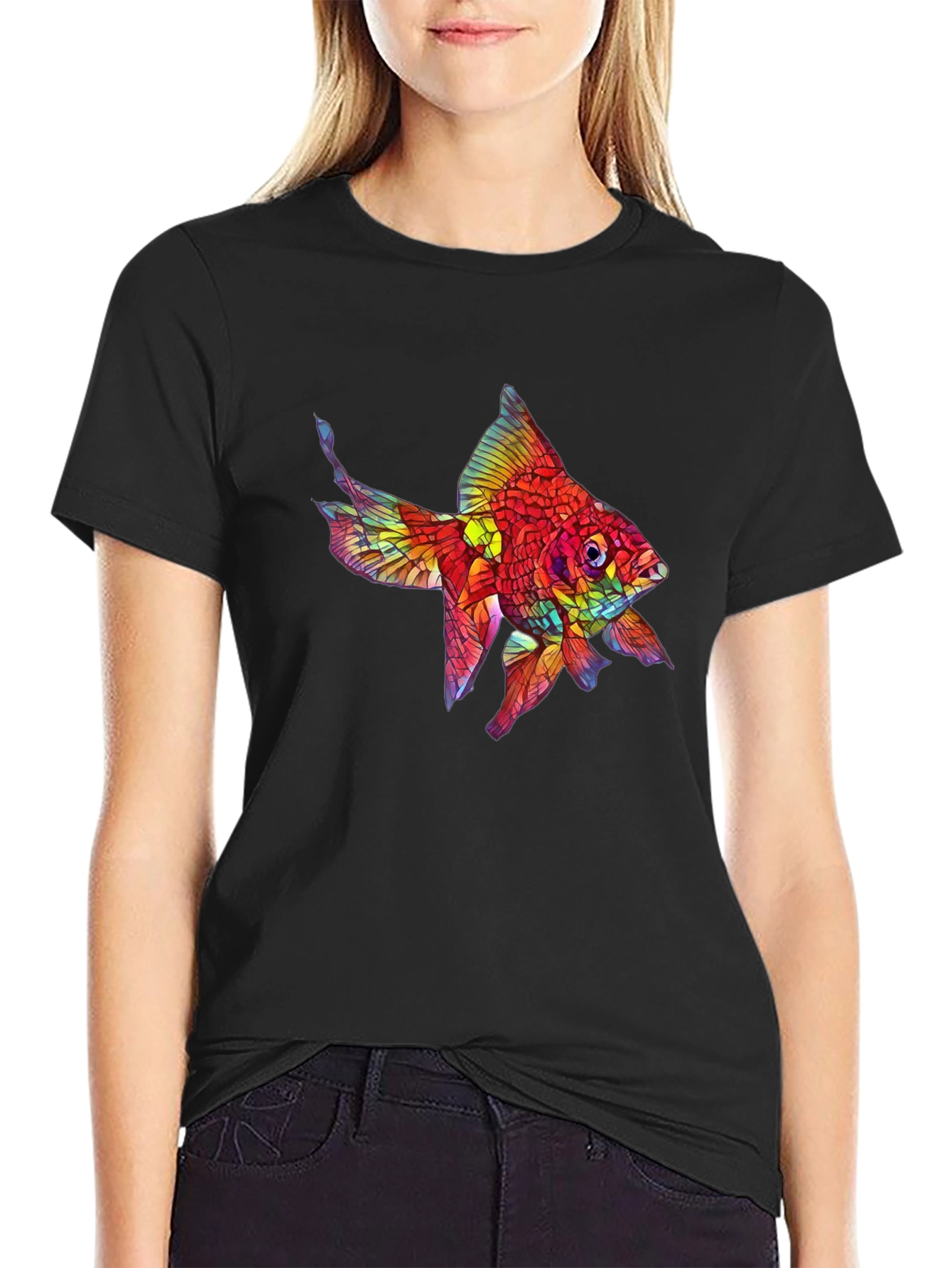 Vibrant Fish Graphic Black T-Shirt