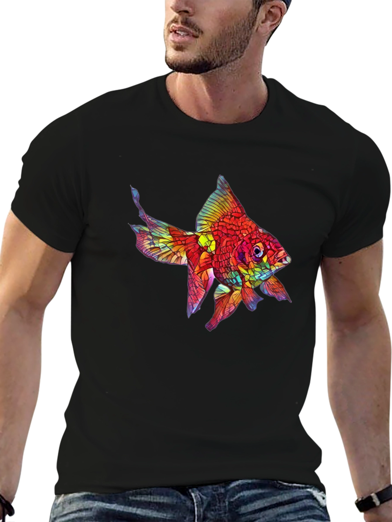 Vibrant Fish Graphic Black T-Shirt