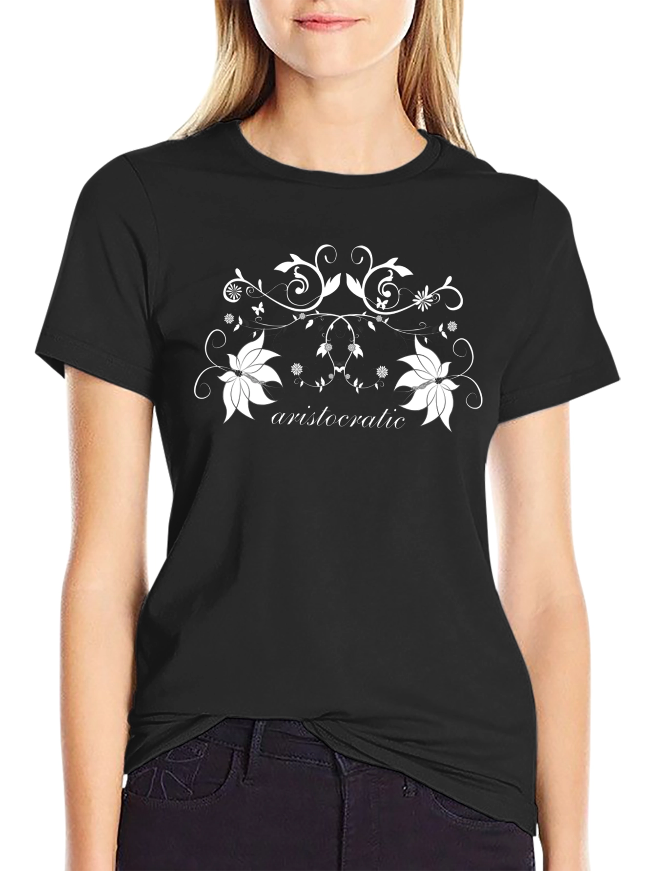 Elegant Black T-Shirt with White Floral Design