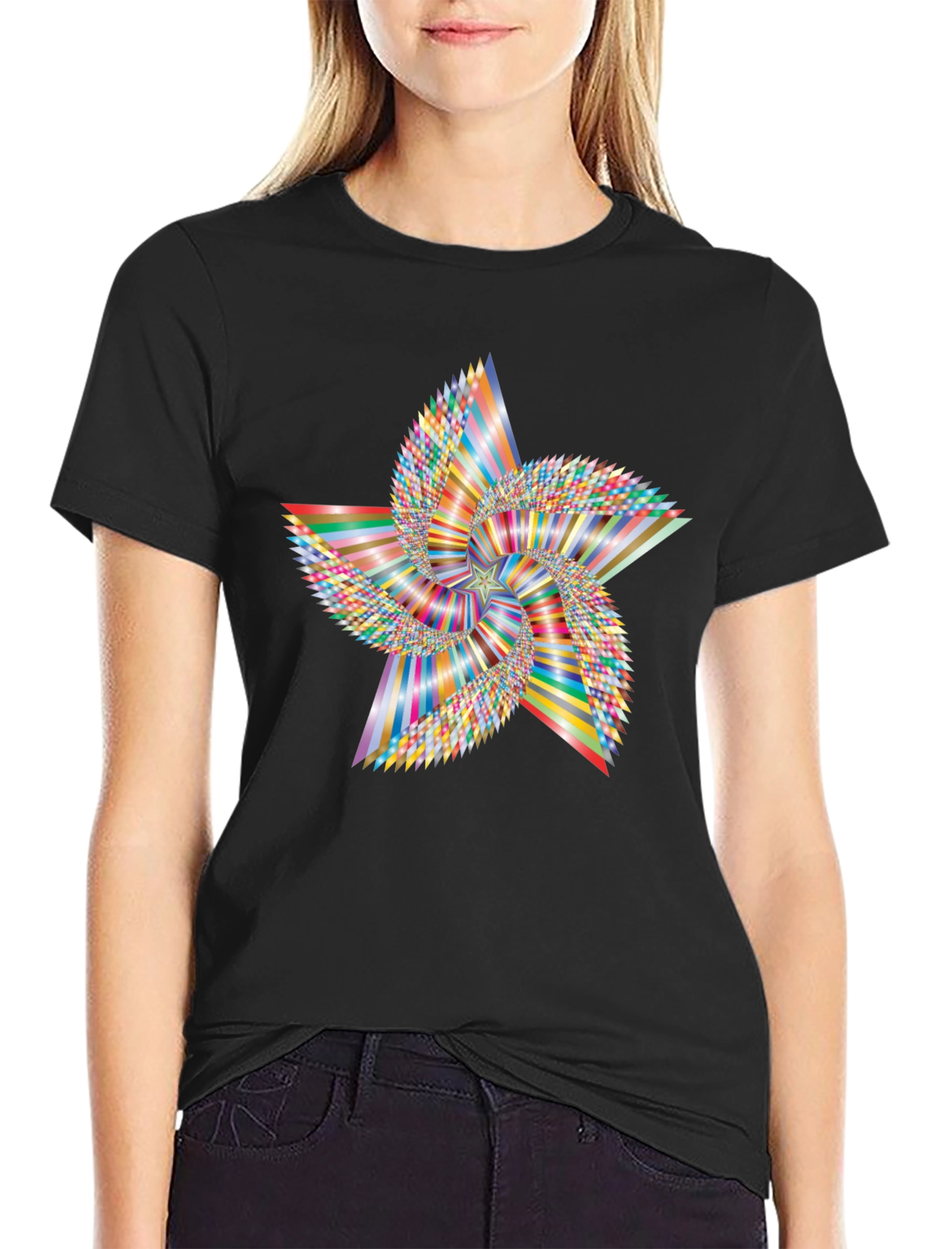 Abstract Geometric Star Graphic Tee - Black