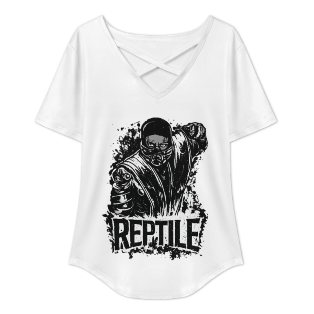Reptile Fighter Graphic V-Neck T-Shirt – Retro Arcade Inspired Combat Streetwear Tee for Women(z229)