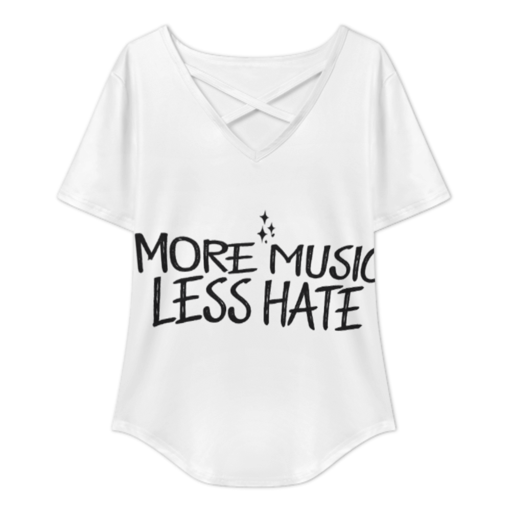 More Music Less Hate Graphic V-Neck T-Shirt – Positive Message Casual Streetwear Tee for Women(z224)