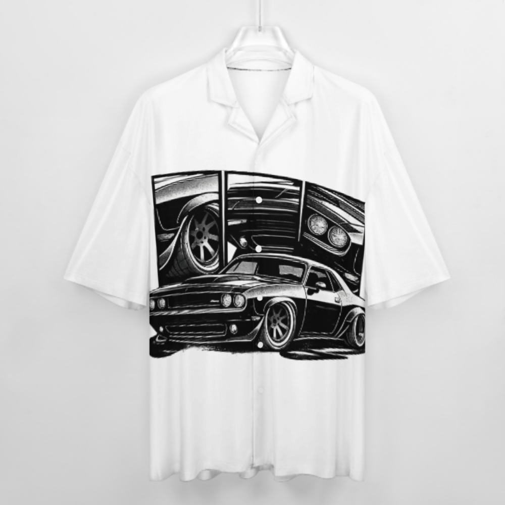Vintage Muscle Car Graphic Shirt – Retro Street Racing Style Men’s Casual Button-Up Tee(z266)