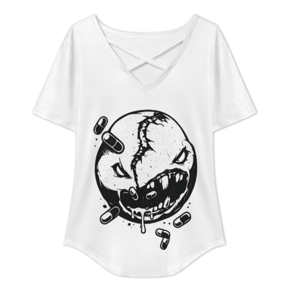 Creepy Smiley Face Graphic V-Neck T-Shirt – Dark Aesthetic Horror Punk Streetwear Tee for Women(z228)