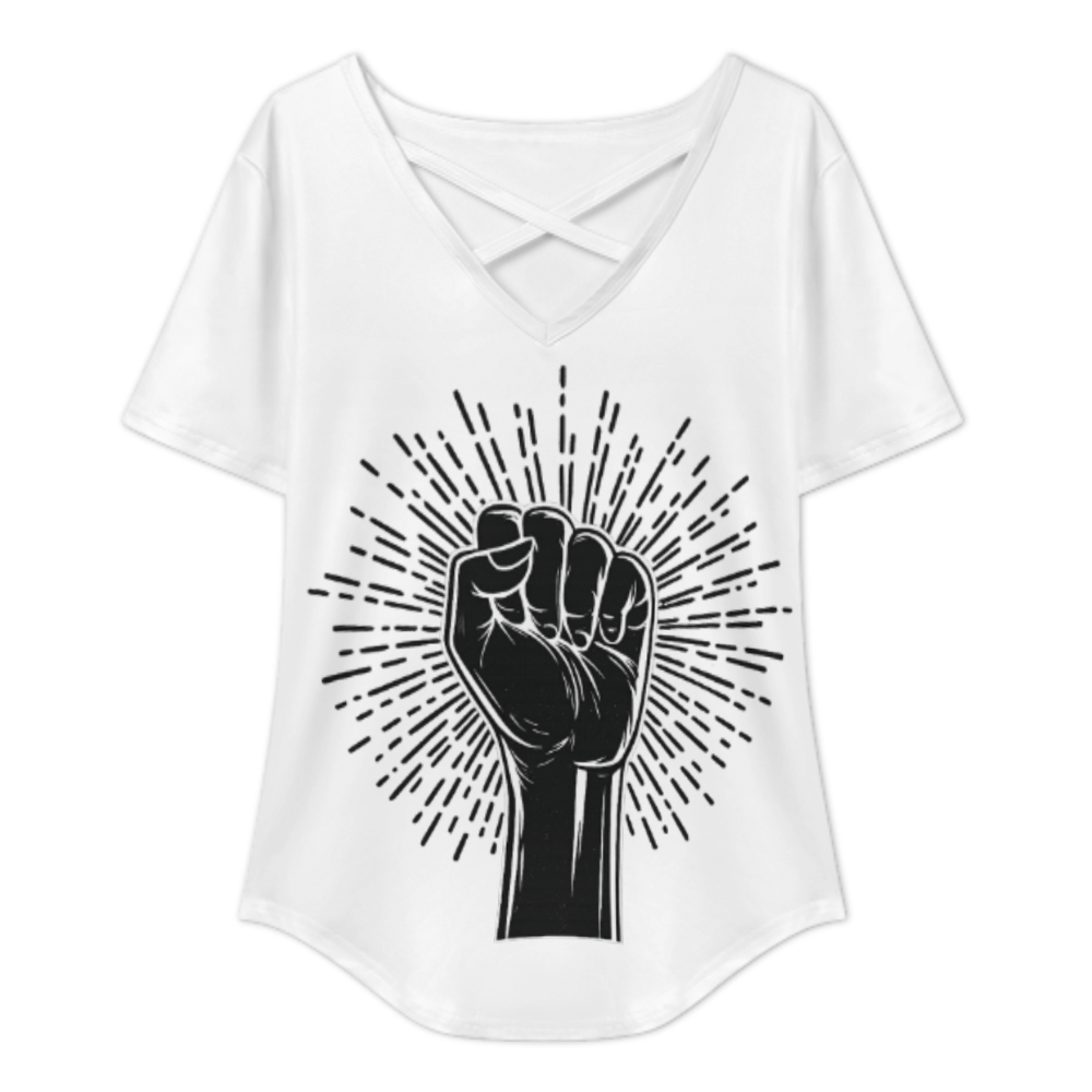 Raised Fist Graphic V-Neck T-Shirt – Empowerment Streetwear Statement Tee for Women(z225)