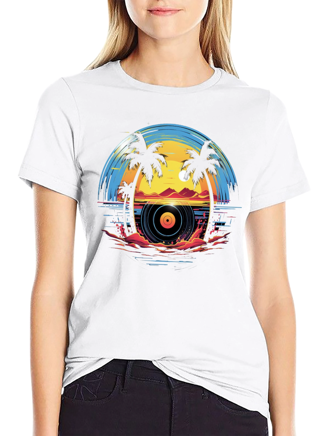 Sunset Vinyl Record Beach Graphic T-Shirt
