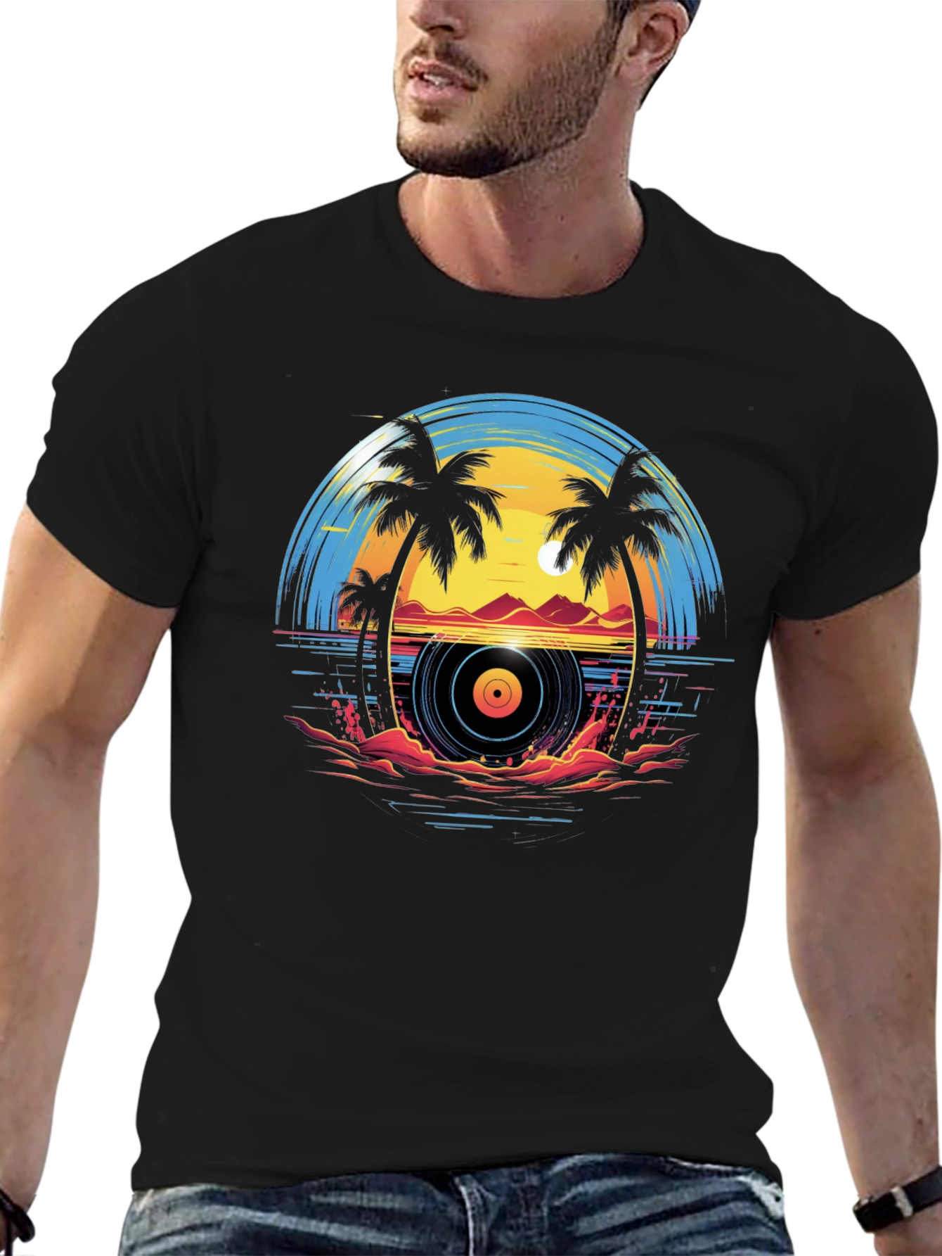 Sunset Vinyl Record Beach Graphic T-Shirt