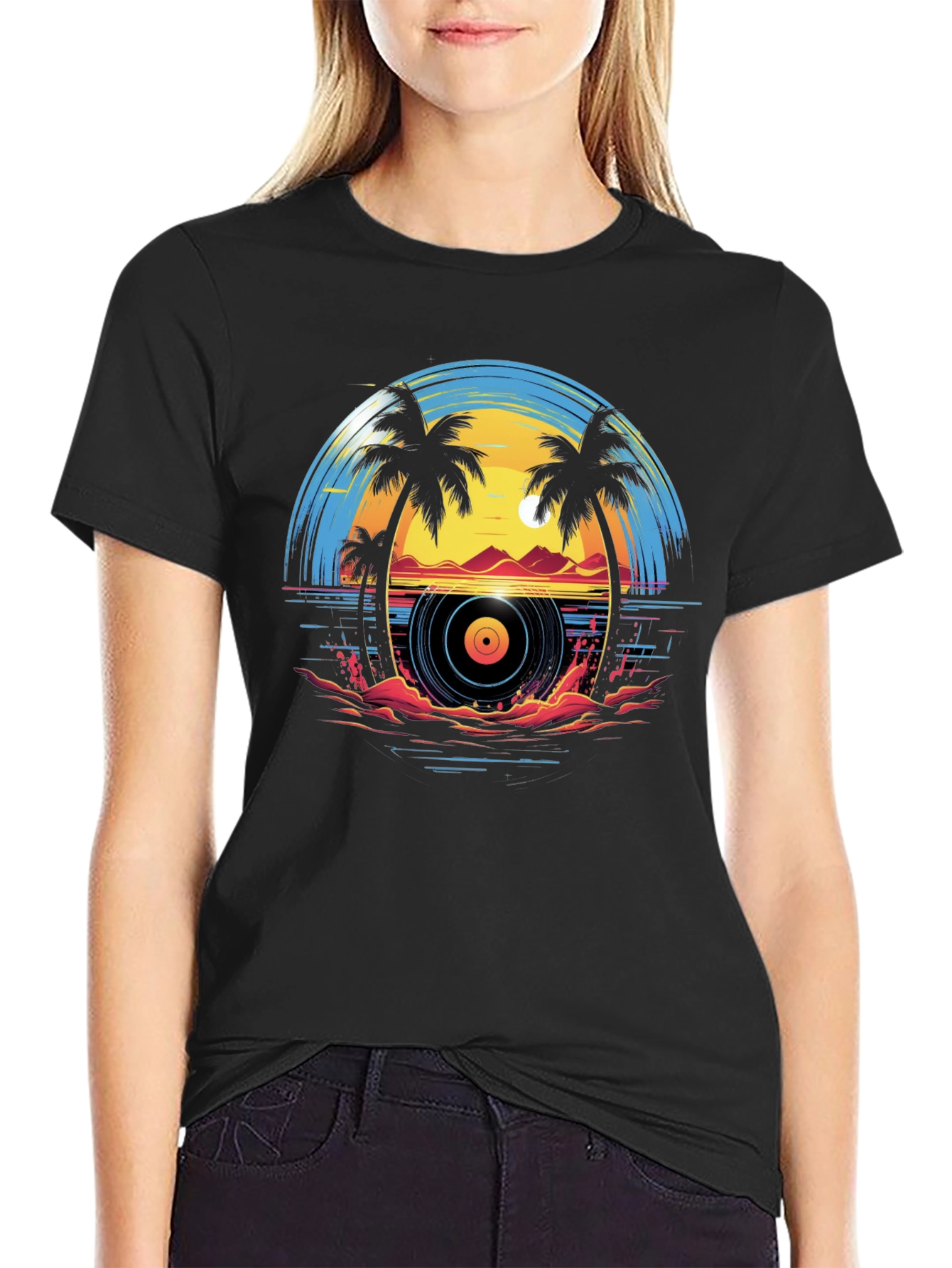 Sunset Vinyl Record Beach Graphic T-Shirt
