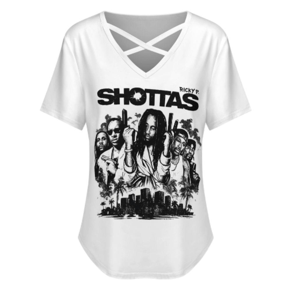 Ricky P. SHOTTAS Graphic V-Neck T-Shirt – Urban Streetwear Oversized Music Inspired Tee for Women(z221)