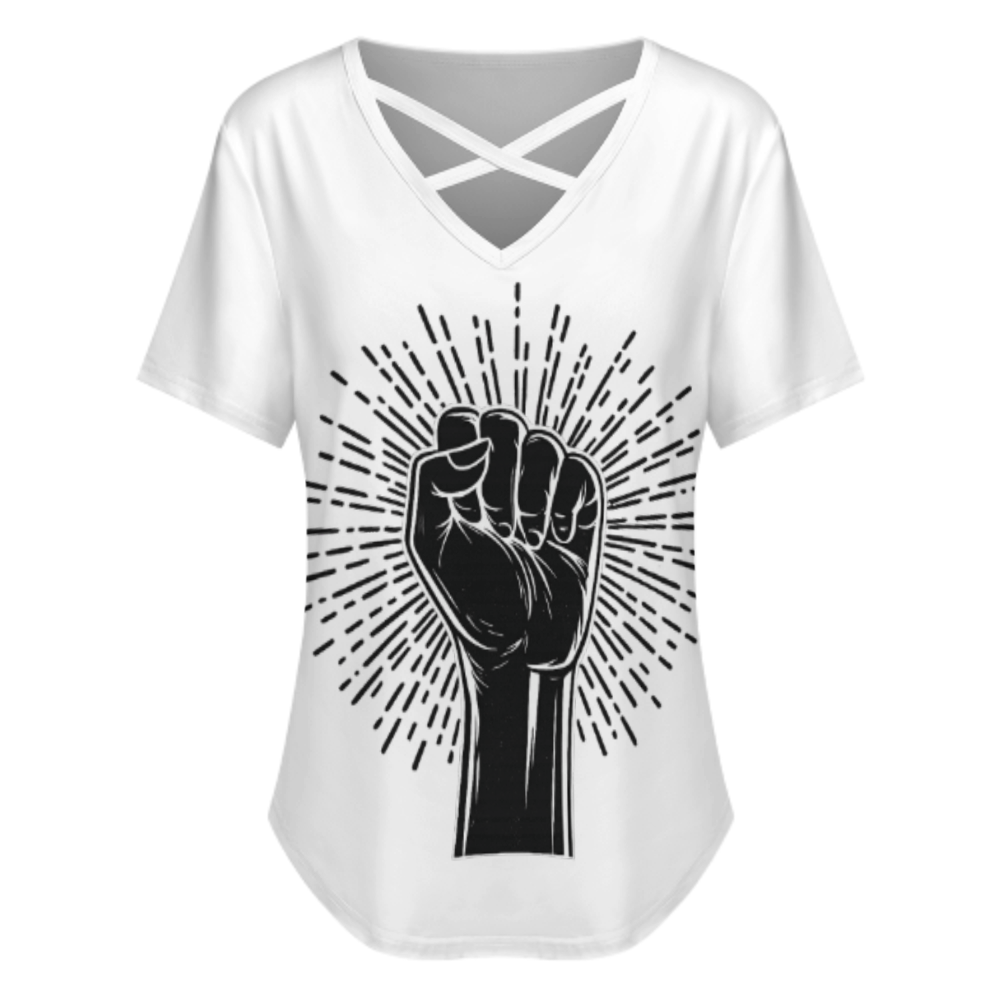 Raised Fist Graphic V-Neck T-Shirt – Empowerment Streetwear Statement Tee for Women(z225)
