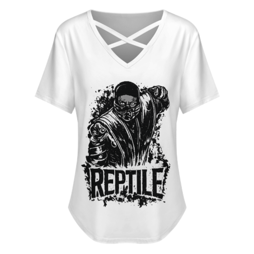 Reptile Fighter Graphic V-Neck T-Shirt – Retro Arcade Inspired Combat Streetwear Tee for Women(z229)