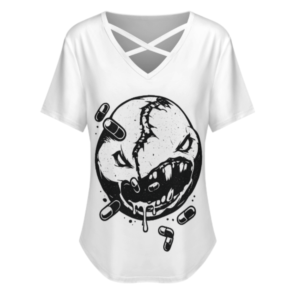 Creepy Smiley Face Graphic V-Neck T-Shirt – Dark Aesthetic Horror Punk Streetwear Tee for Women(z228)