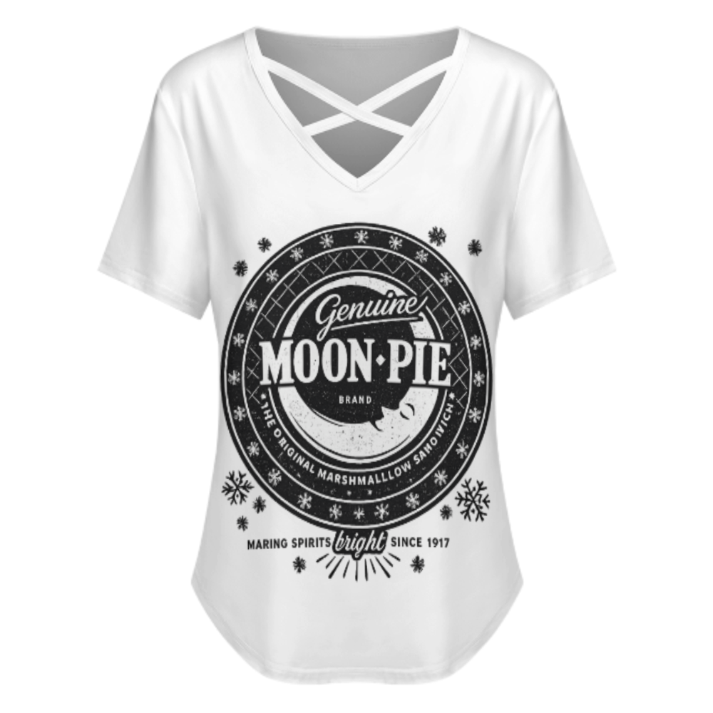 Vintage Genuine Moon Pie Graphic V-Neck T-Shirt – Retro Marshmallow Snack Inspired Casual Summer Tee for Women(z226)