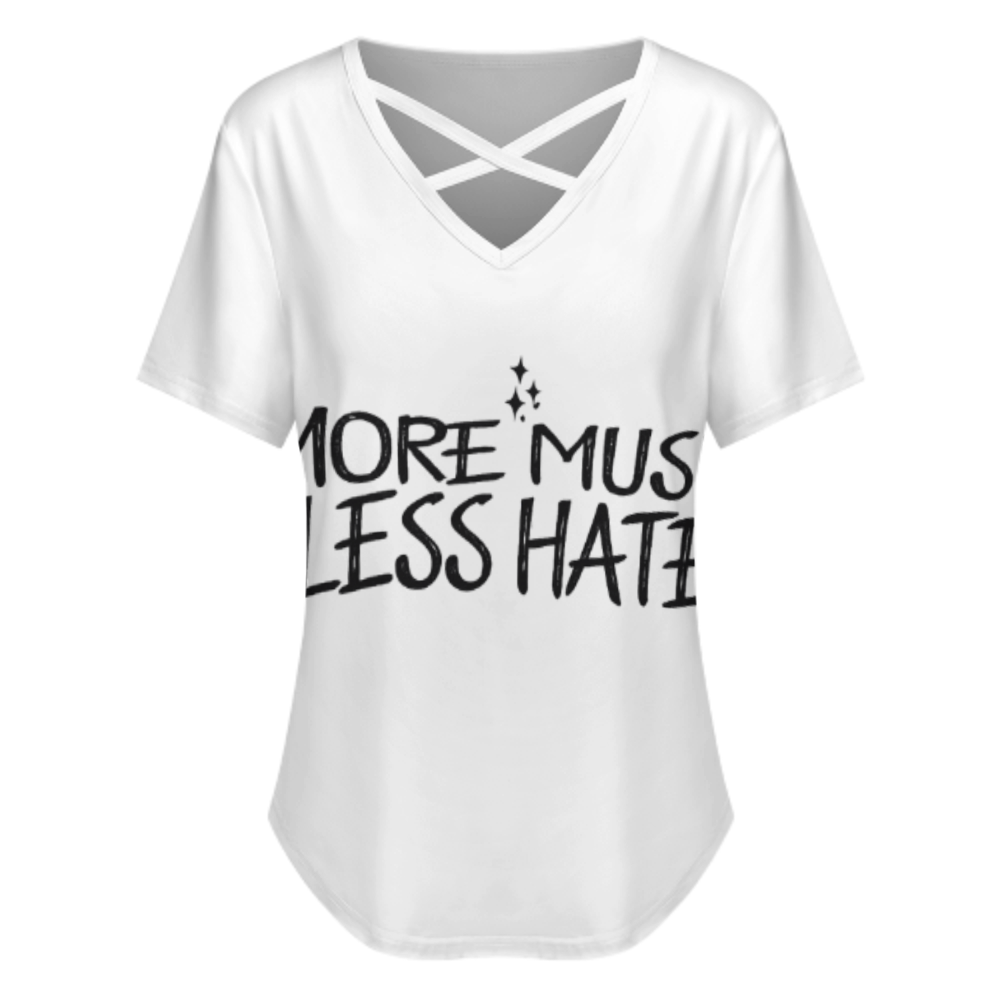More Music Less Hate Graphic V-Neck T-Shirt – Positive Message Casual Streetwear Tee for Women(z224)