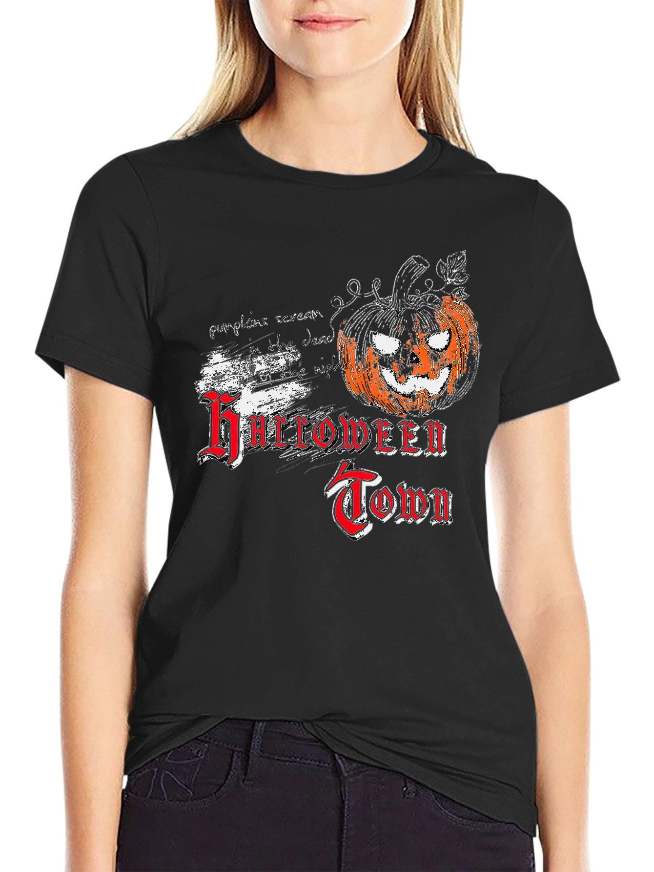Halloween Town Black T-Shirt with Pumpkin Graphic