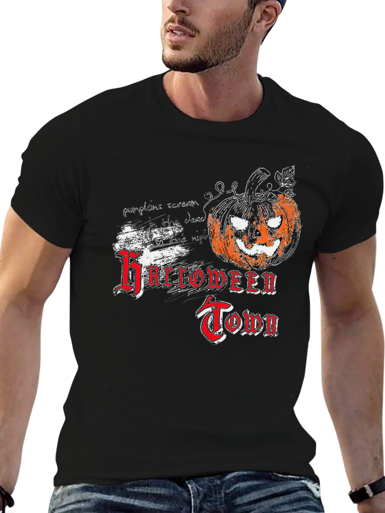 Halloween Town Black T-Shirt with Pumpkin Graphic