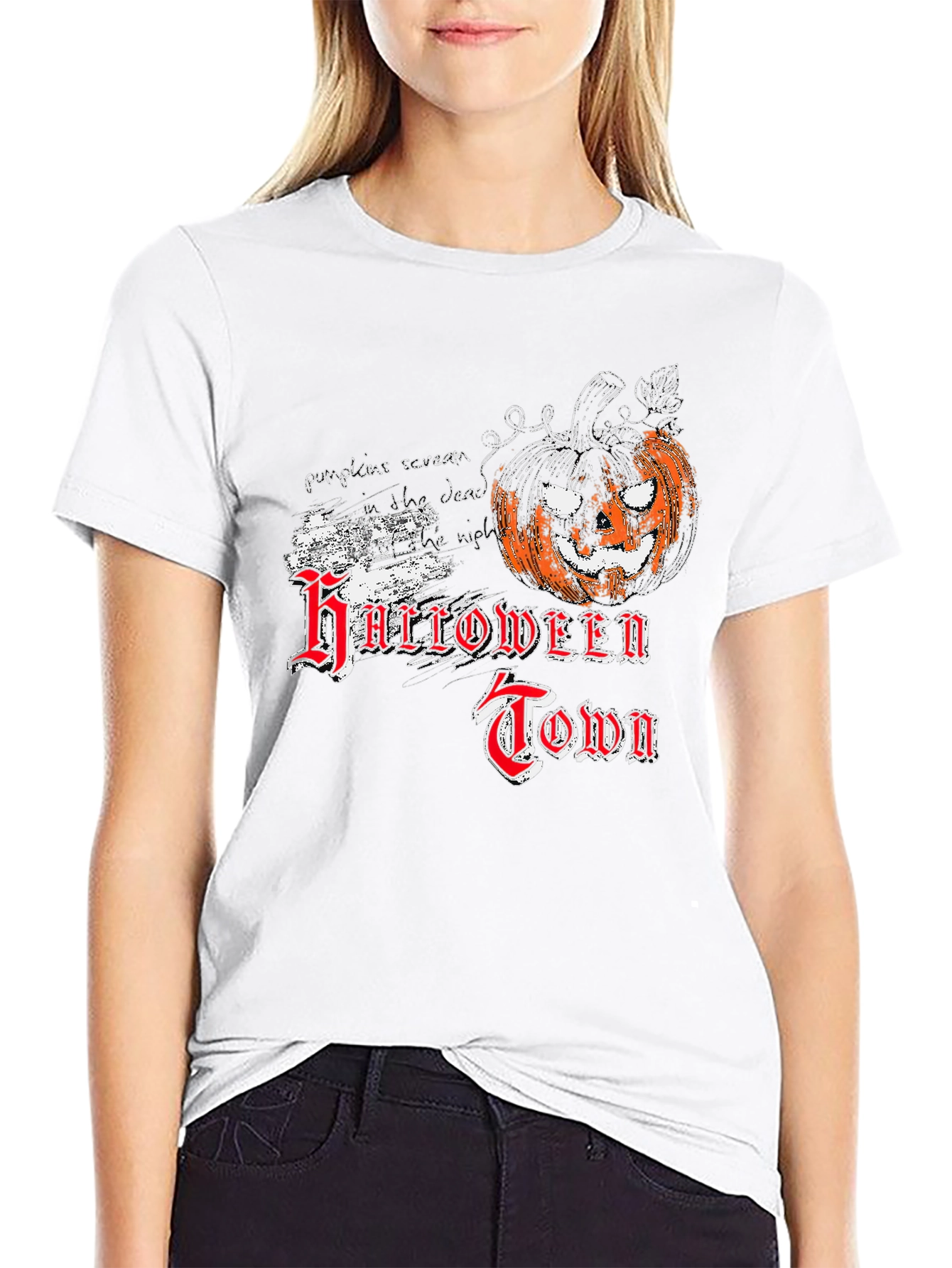 Halloween Town Black T-Shirt with Pumpkin Graphic