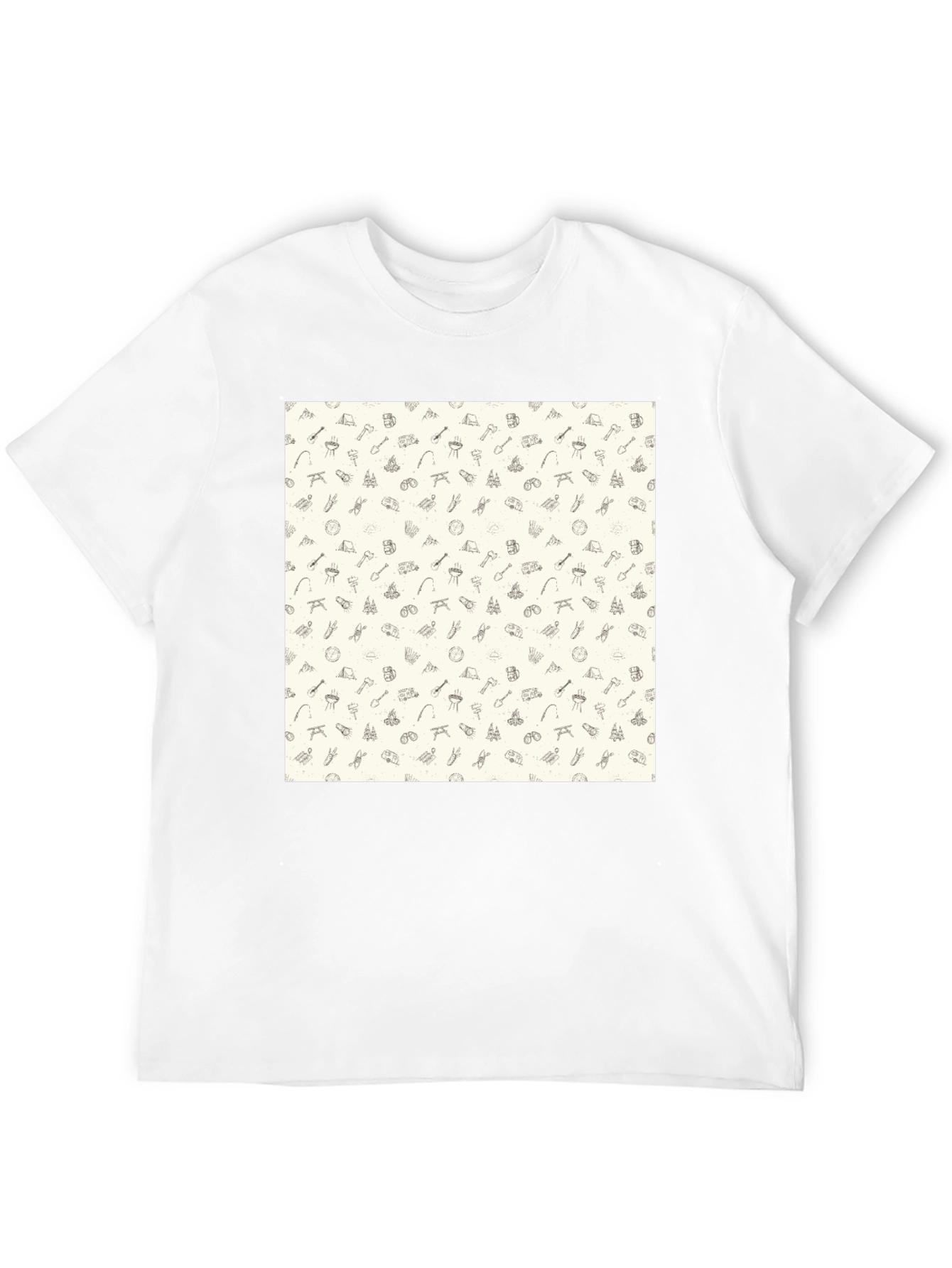 Camping Pattern Black Crew Neck T-Shirt