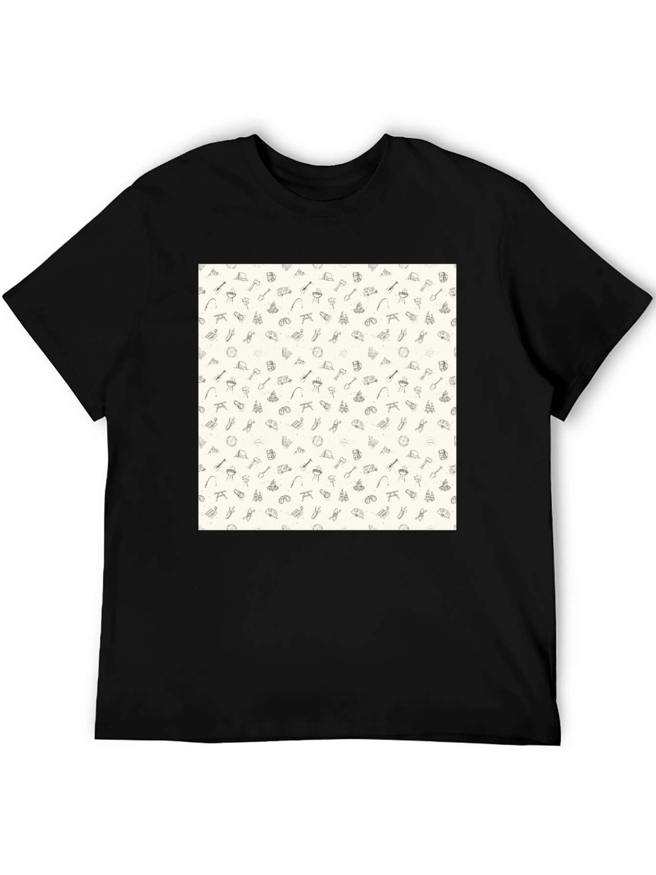 Camping Pattern Black Crew Neck T-Shirt