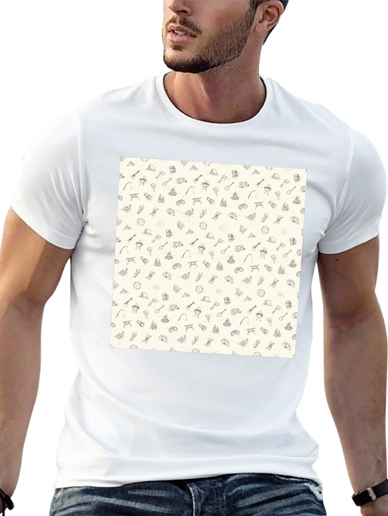 Camping Pattern Black Crew Neck T-Shirt