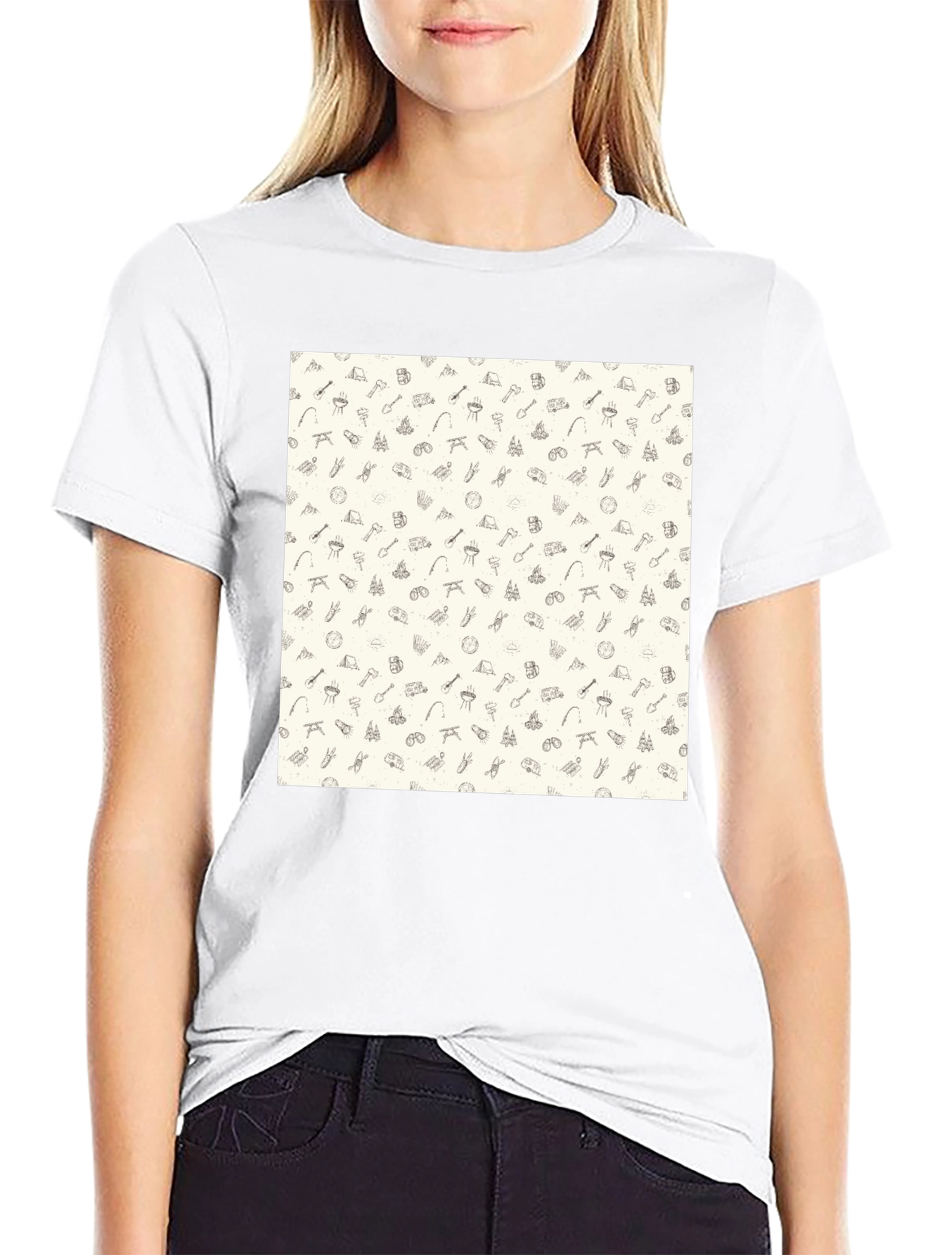 Camping Pattern Black Crew Neck T-Shirt