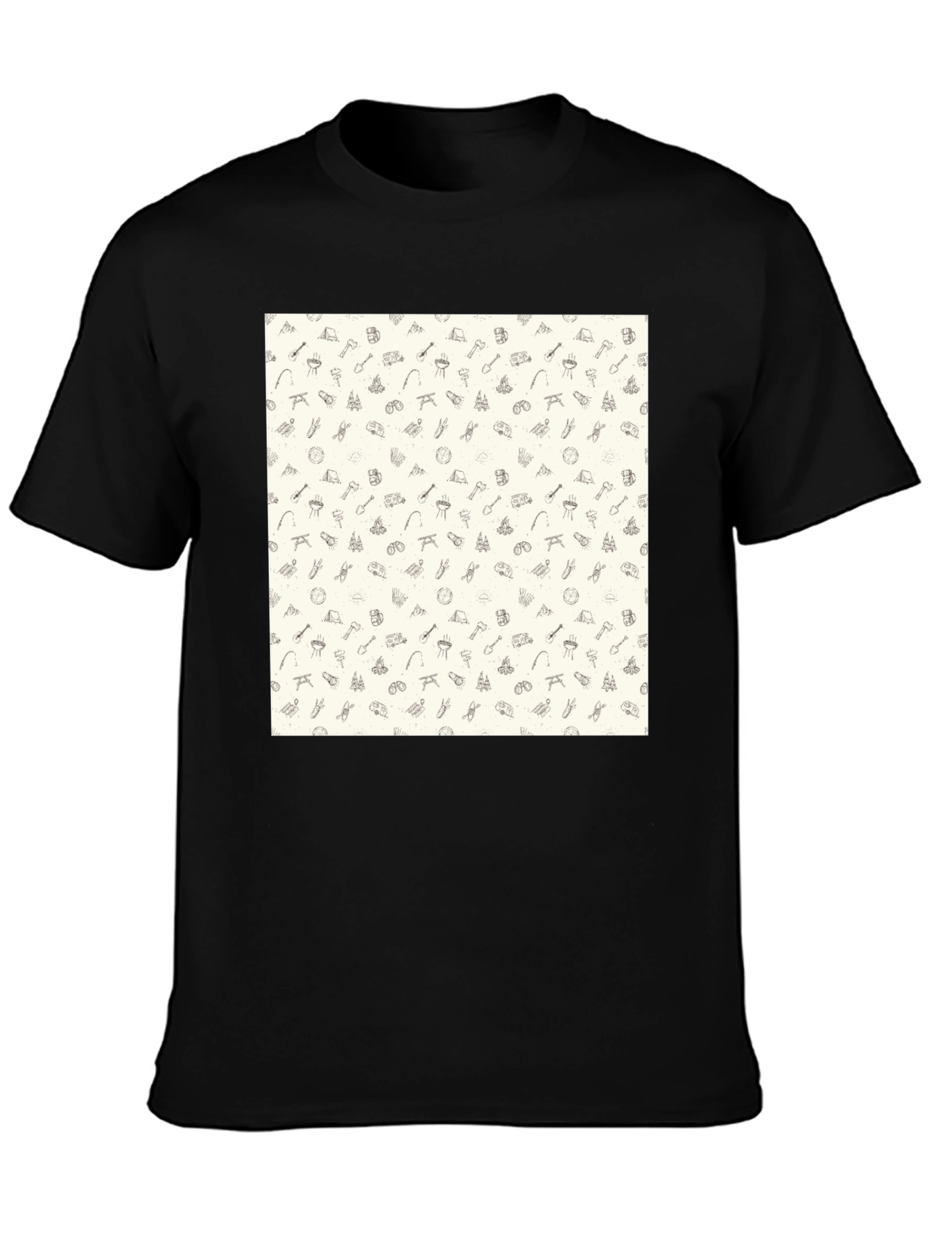 Camping Pattern Black Crew Neck T-Shirt