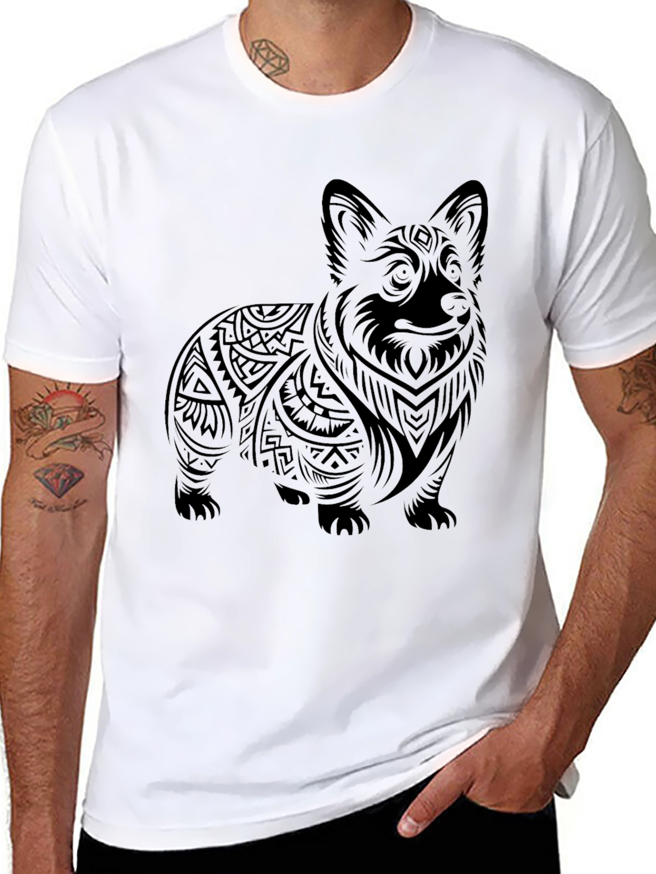 Tribal Corgi Graphic Tee - Black