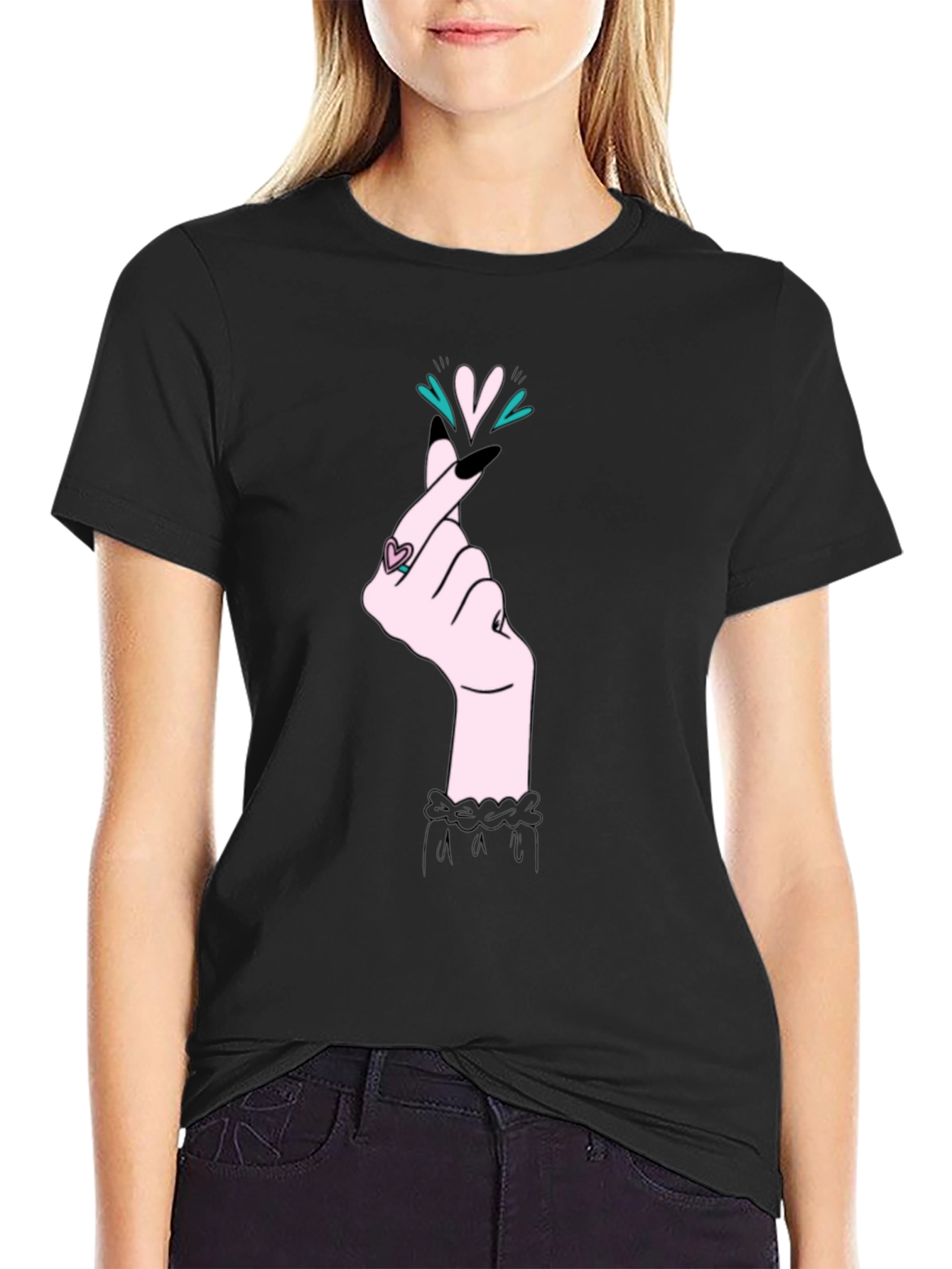 Korean Heart Gesture Graphic T-Shirt - Black