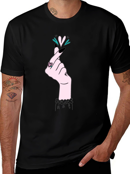 Korean Heart Gesture Graphic T-Shirt - Black