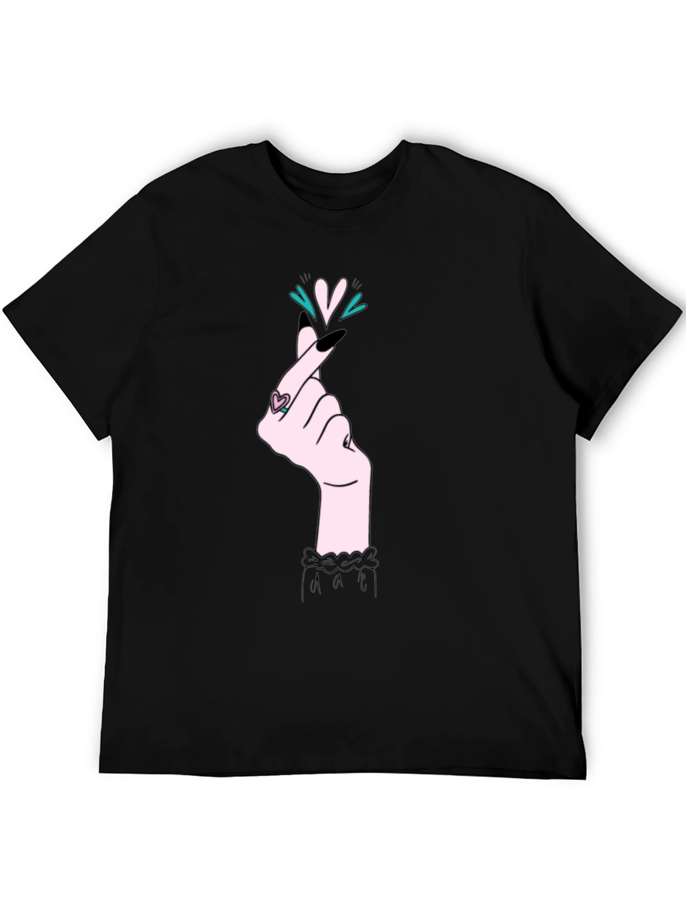 Korean Heart Gesture Graphic T-Shirt - Black