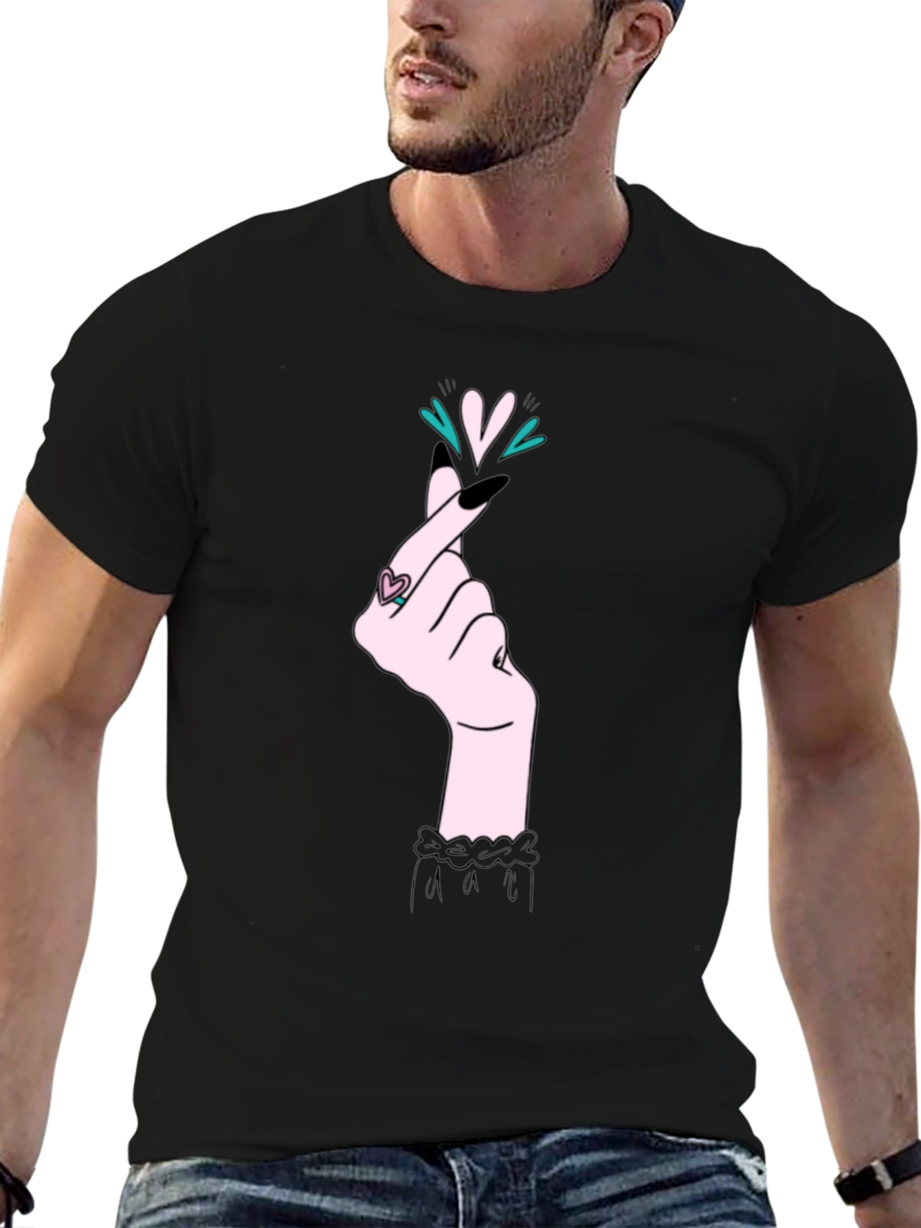 Korean Heart Gesture Graphic T-Shirt - Black
