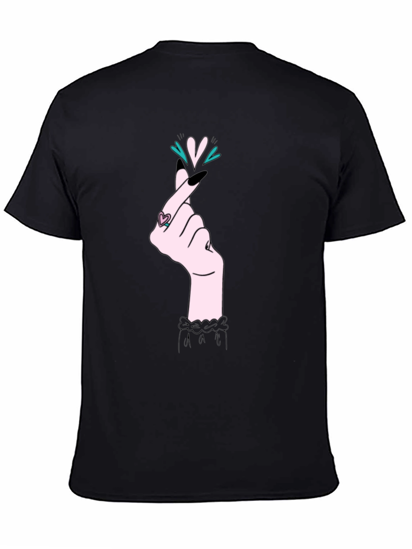 Korean Heart Gesture Graphic T-Shirt - Black