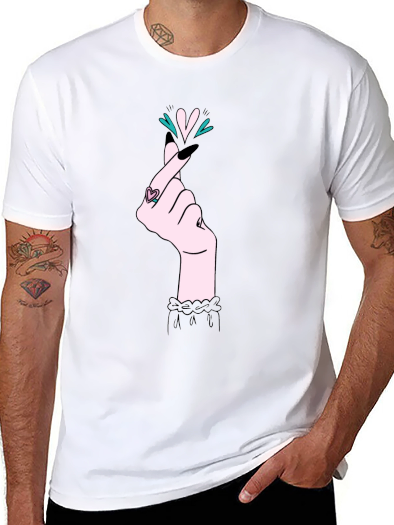 Korean Heart Gesture Graphic T-Shirt - Black