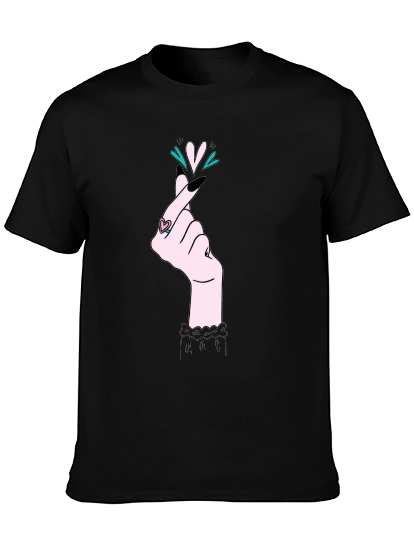 Korean Heart Gesture Graphic T-Shirt - Black