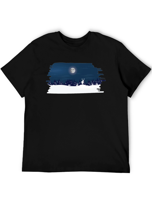 Moonlit Deer Graphic Tee - Black Cotton Shirt