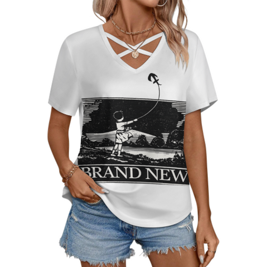 Brand New Graphic V-Neck T-Shirt – Vintage Indie Aesthetic Streetwear Tee for Women(z223)