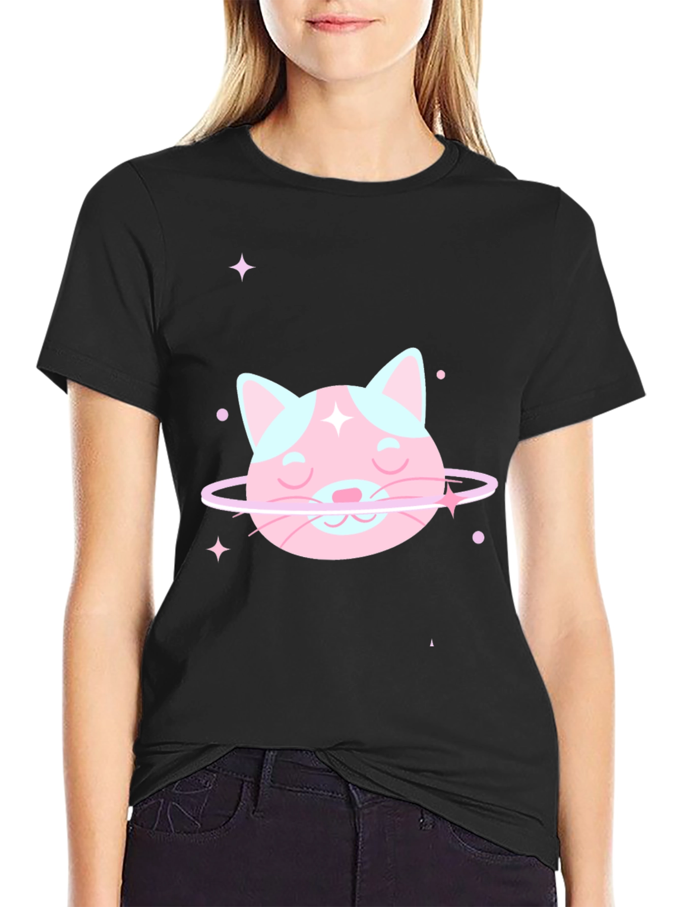 Cute Cat Planet Graphic Tee - Black Cotton T-Shirt