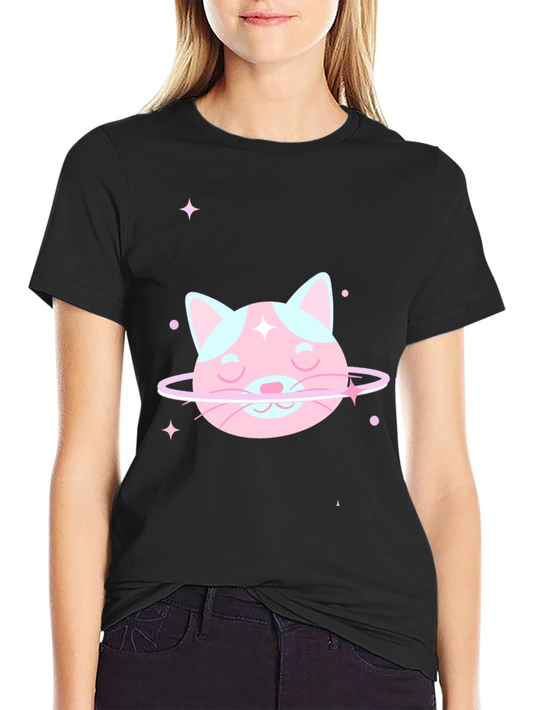 Cute Cat Planet Graphic Tee - Black Cotton T-Shirt