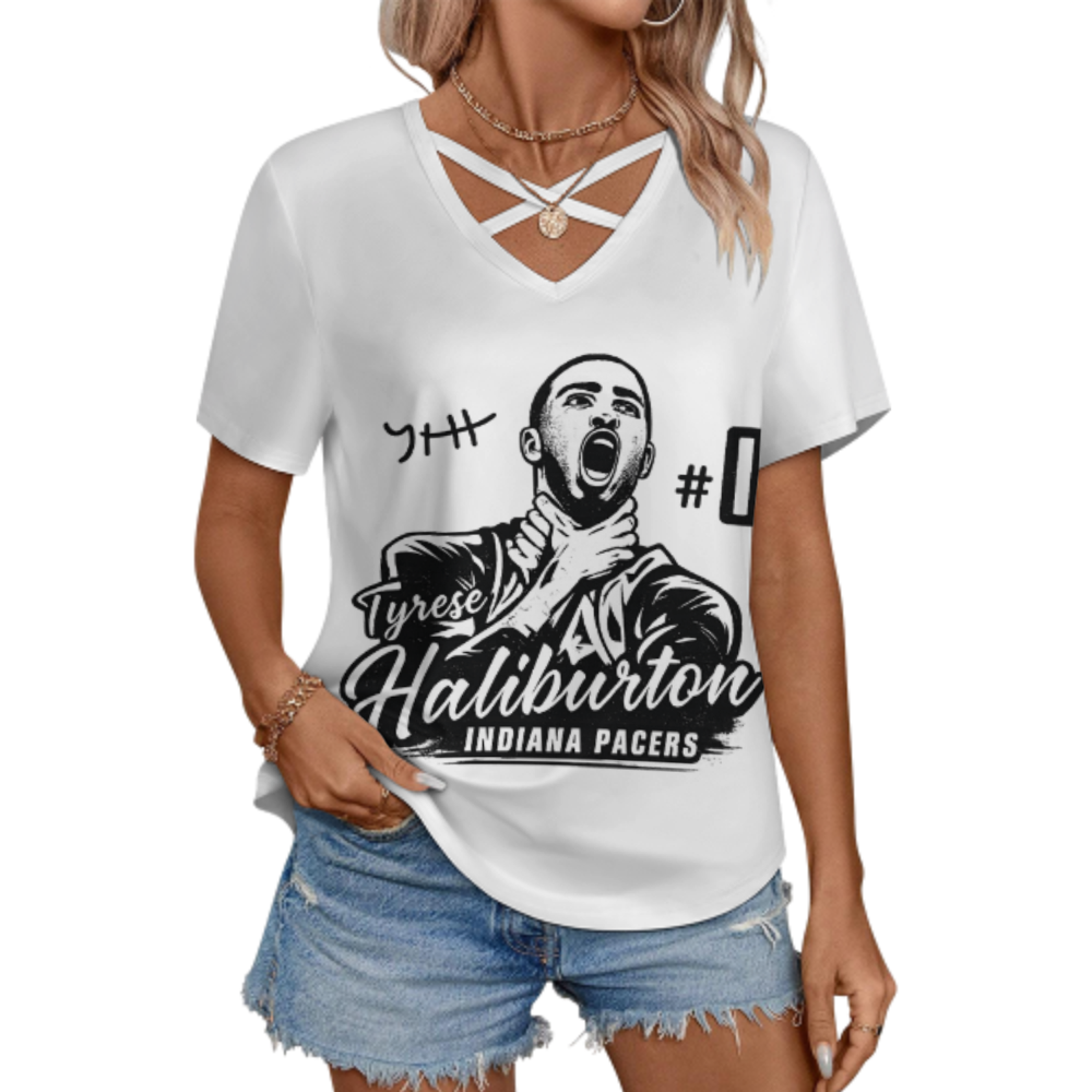 Tyrese Haliburton Indiana Pacers Graphic V-Neck Tee – Basketball Fan Streetwear Shirt for Women(z222)